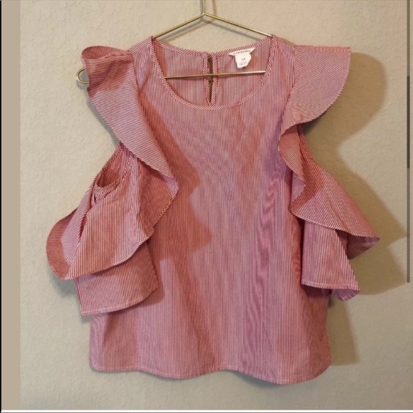 Club Monaco cold shoulder ruffle stripe top. - Picture 4 of 11